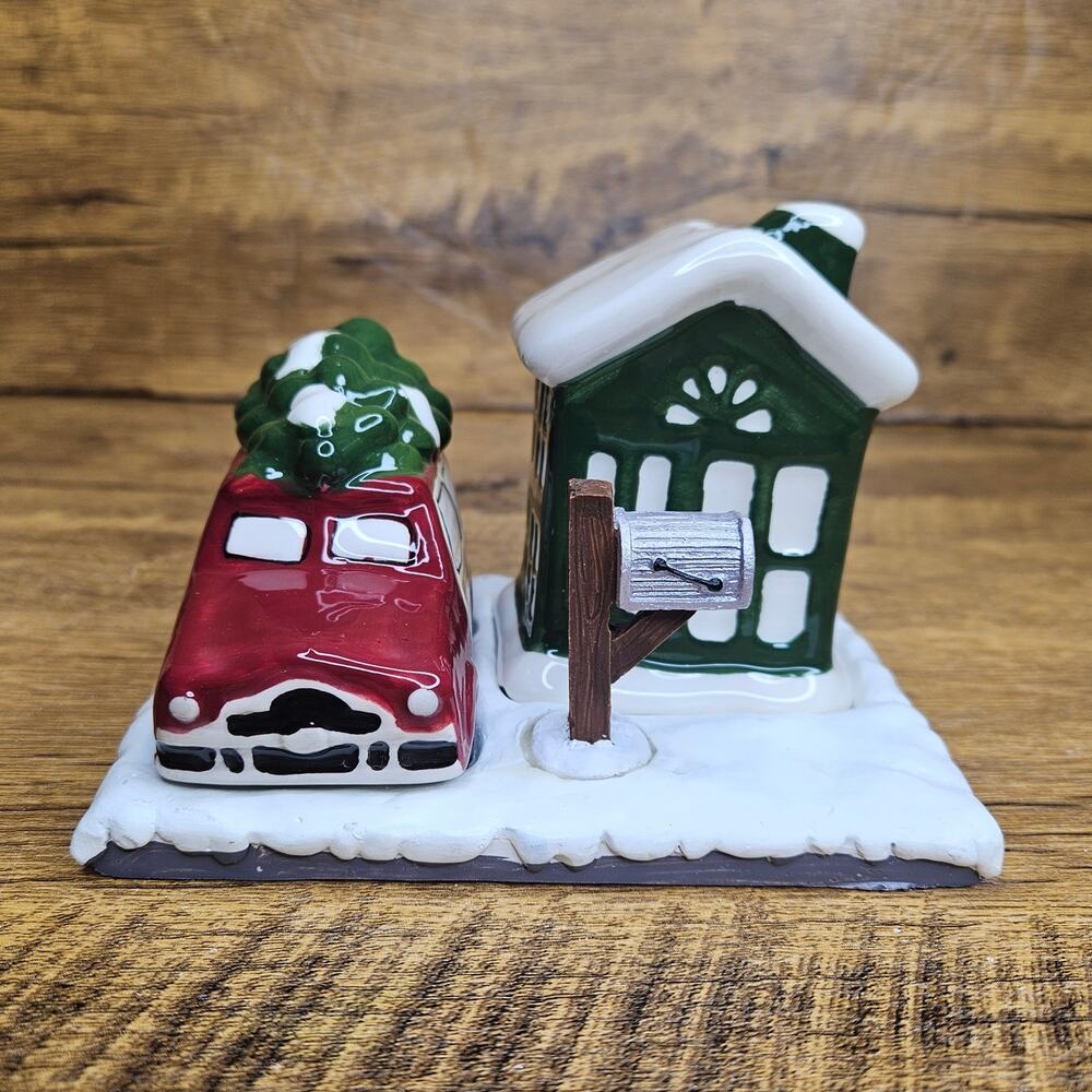 Christmas Holiday Salt Pepper Shaker set with base House Truck and Tree
